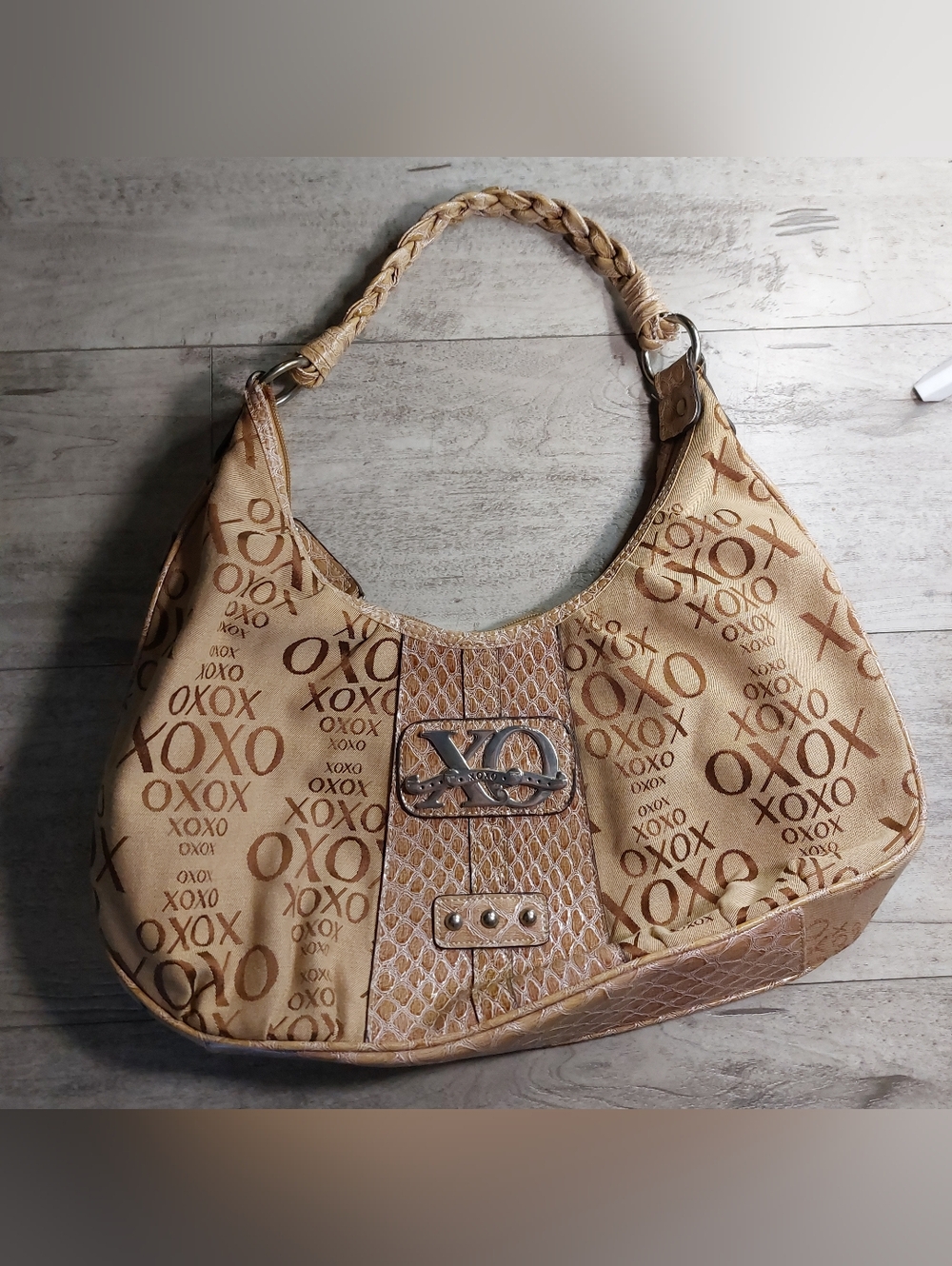 Beige XOXO Pattern Hobo Bag with Braided Handle